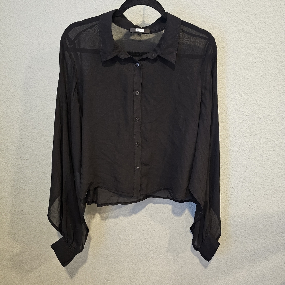 Bik Bok Sheer Cropped Witchy Blouse  Slit Sleeves Button Front Size M